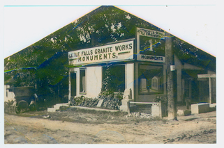 Little Falls Granite Works, 24 East Broadway, Little Falls, MN, c. 1917 or 1918. Donated to MCHS Collections by John Karlson, son of G.W. Karlson, founder of the Little Falls Granite Works in 1911.