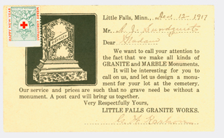 Little Falls Granite Works postcard, back, addressed to A.J. Sundquist from G.W. Karlson, December 12, 1917.