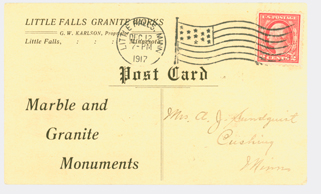Little Falls Granite Works postcard, front, addressed to A.J. Sundquist from G.W. Karlson, December 12, 1917.