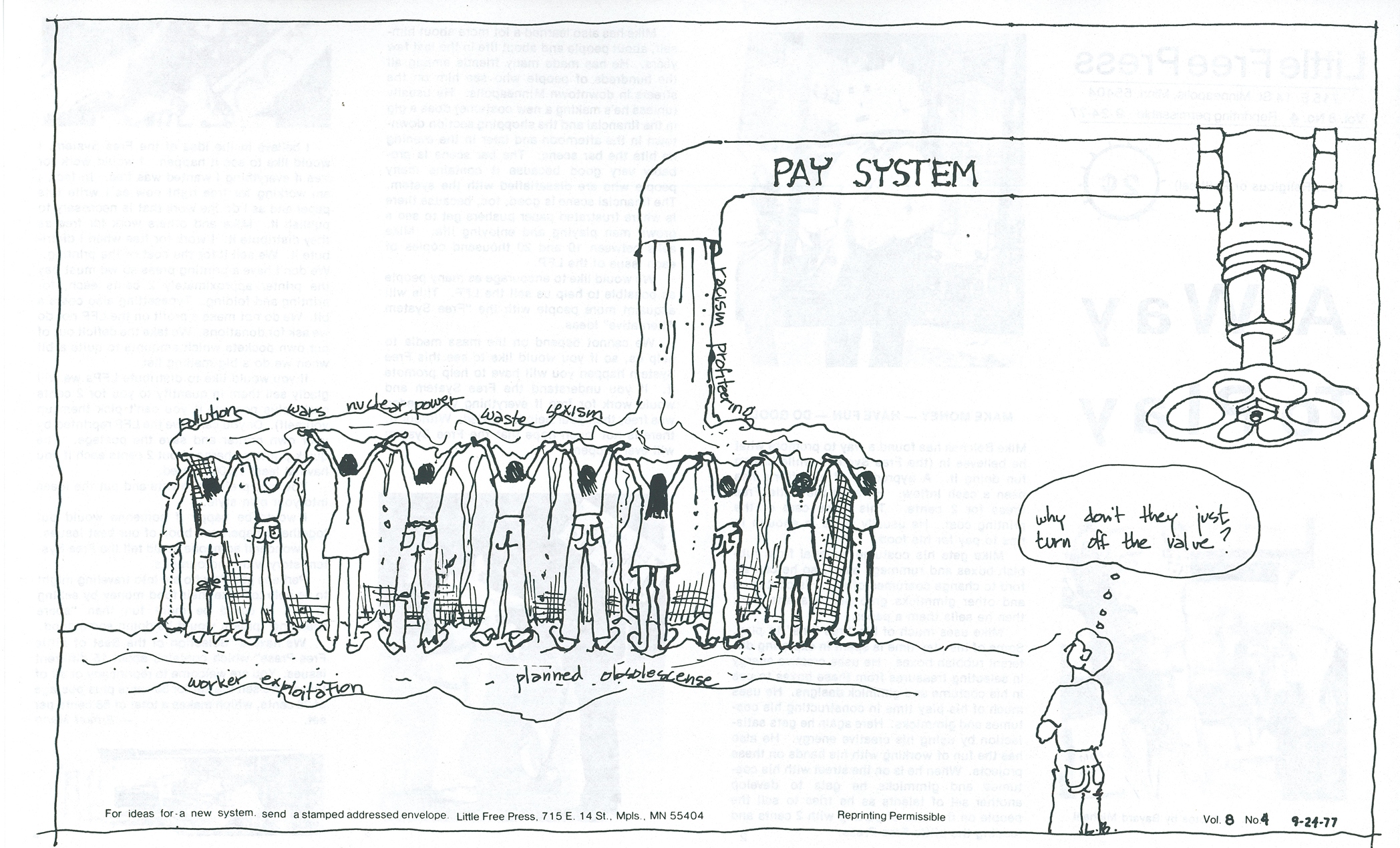 http://morrisoncountyhistory.org/museumpics/ernestmann_1.jpg An illustration of Ernest Mann's Priceless Economic System. If workers stopped working for pay (i.e. turned off the faucet), society would be better off. Illustration by Carol Gatts for the Little Free Press, Vol. 8, No. 4, Sept. 24, 1977, by Ernest Mann.