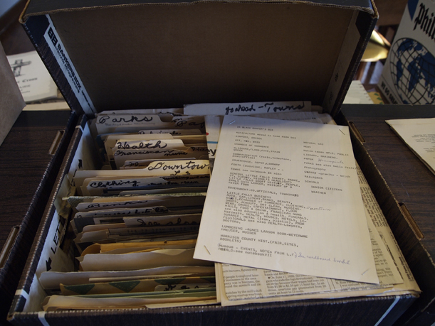 http://morrisoncountyhistory.org/museumpics/leblanccoll10.jpg Box from LeBlanc collection awaiting new folders, February 2012