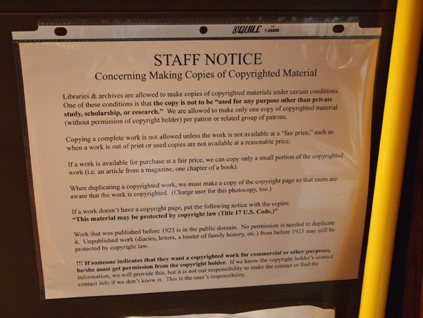 http://morrisoncountyhistory.org/museumpics/wayfinding6.jpg A way-finding sign that tells staff info they need to know about copyright, MCHS Collections, December 5, 2012.