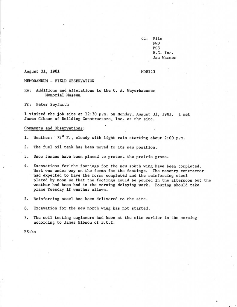 Field Observation memo regarding 1981/82 additions on The Charles A. Weyerhaeuser Memorial Museum, Little Falls, MN.