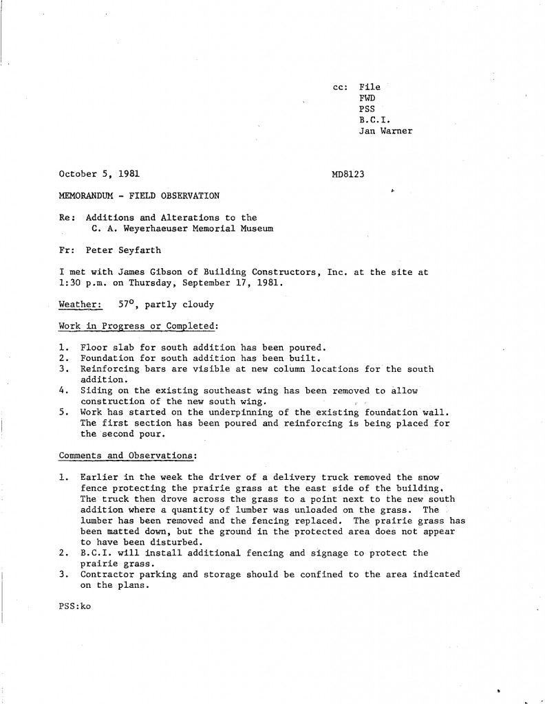 Field Observation memo regarding 1981/82 additions on The Charles A. Weyerhaeuser Memorial Museum, Little Falls, MN.