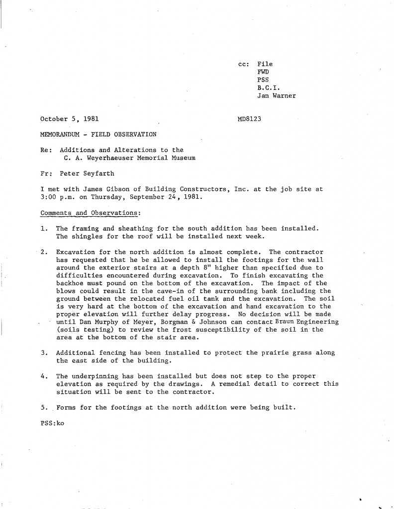 Field Observation memo regarding 1981/82 additions on The Charles A. Weyerhaeuser Memorial Museum, Little Falls, MN.