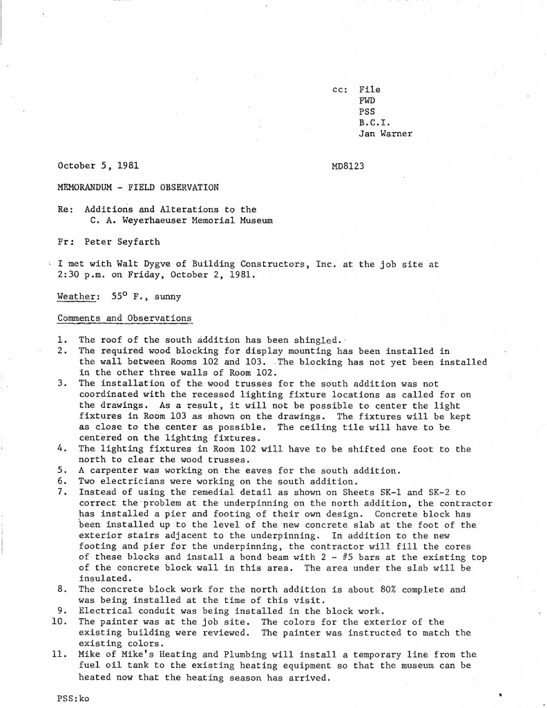 Field Observation memo regarding 1981/82 additions on The Charles A. Weyerhaeuser Memorial Museum, Little Falls, MN.