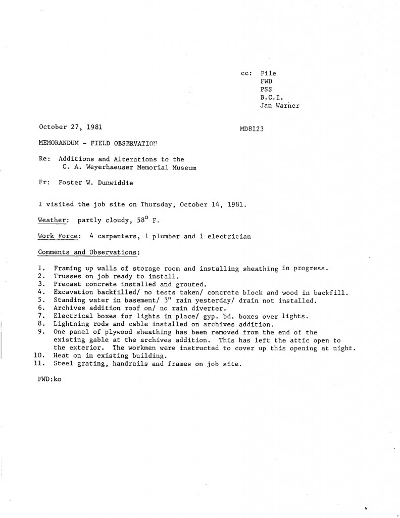 Field Observation memo regarding 1981/82 additions on The Charles A. Weyerhaeuser Memorial Museum, Little Falls, MN.