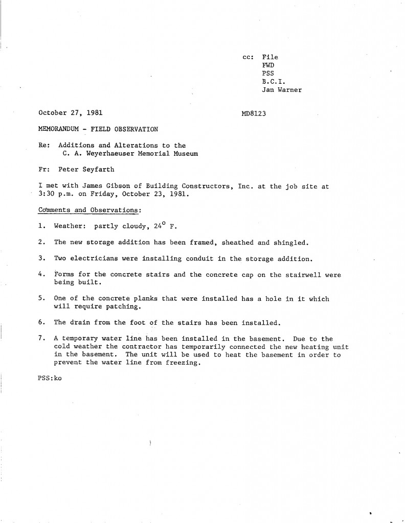 Field Observation memo regarding 1981/82 additions on The Charles A. Weyerhaeuser Memorial Museum, Little Falls, MN.