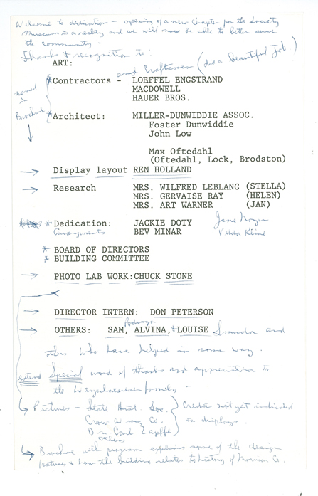 MCHS President Art Warner's notes for the dedication ceremony of The Charles A. Weyerhaeuser Memorial Museum, August 24, 1975.