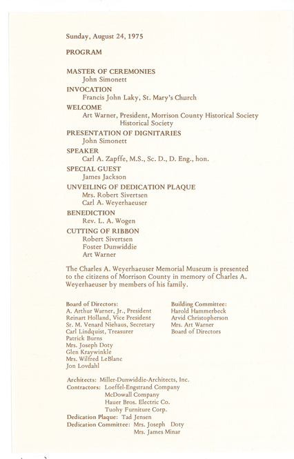 Program for dedication ceremony of The Charles A. Weyerhaeuser Memorial Museum, August 24, 1975.