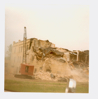 Kiewlel Brewing Company in Little Falls, MN, being demolished in 1983. Morrison County Historical Society collection #1993.56.4.