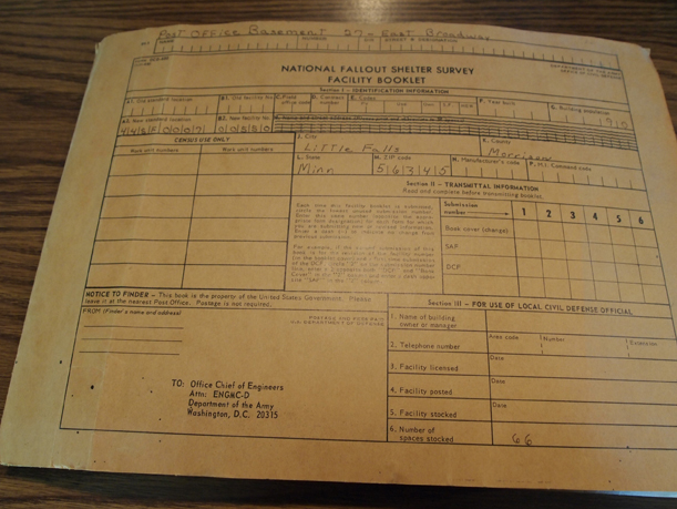 National Fallout Shelter Survey Facility Booklet donated by the Little Falls Post Office to MCHS, June 26, 2015.