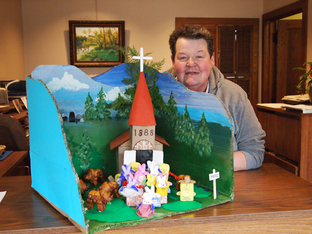 Marlys Sebasky and her Peep Contest entry, "Peepalo go to Church and Mama said "Bison."" April 4, 2016.