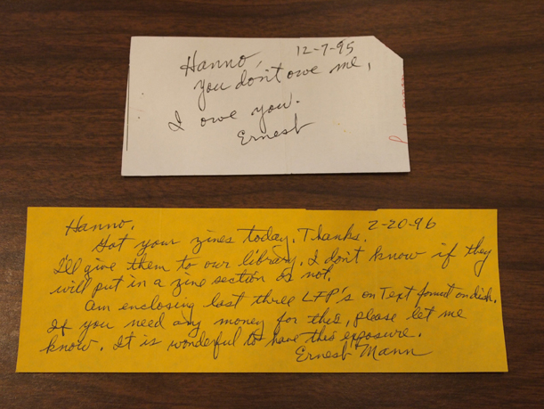 Handwritten notes from Ernest Mann to Hanno Beck, from the Ernest Mann collection donated by Hanno Beck of the Banneker Center to the Morrison County Historical Society. Photo by Mary Warner, June 28, 2016.