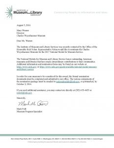 Nomination letter from IMLS for MCHS, August 2016.