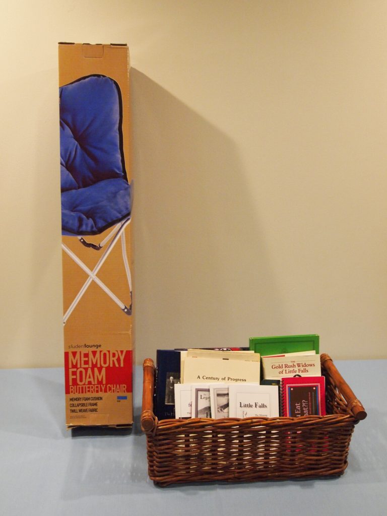 Morrison County History Reading Package (basket of books from MCHS and butterfly chair), 2017 MCHS raffle prize.