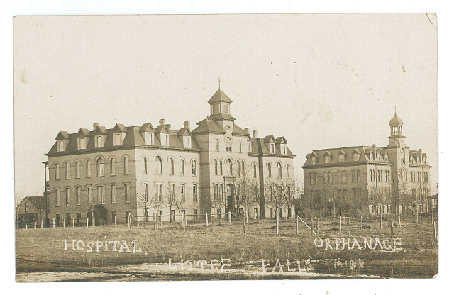 Hurrle Hall (left) and the orphanage (right), part of the Franciscan Sisters Convent in Little Falls, MN. Undated photo. #2016.17.