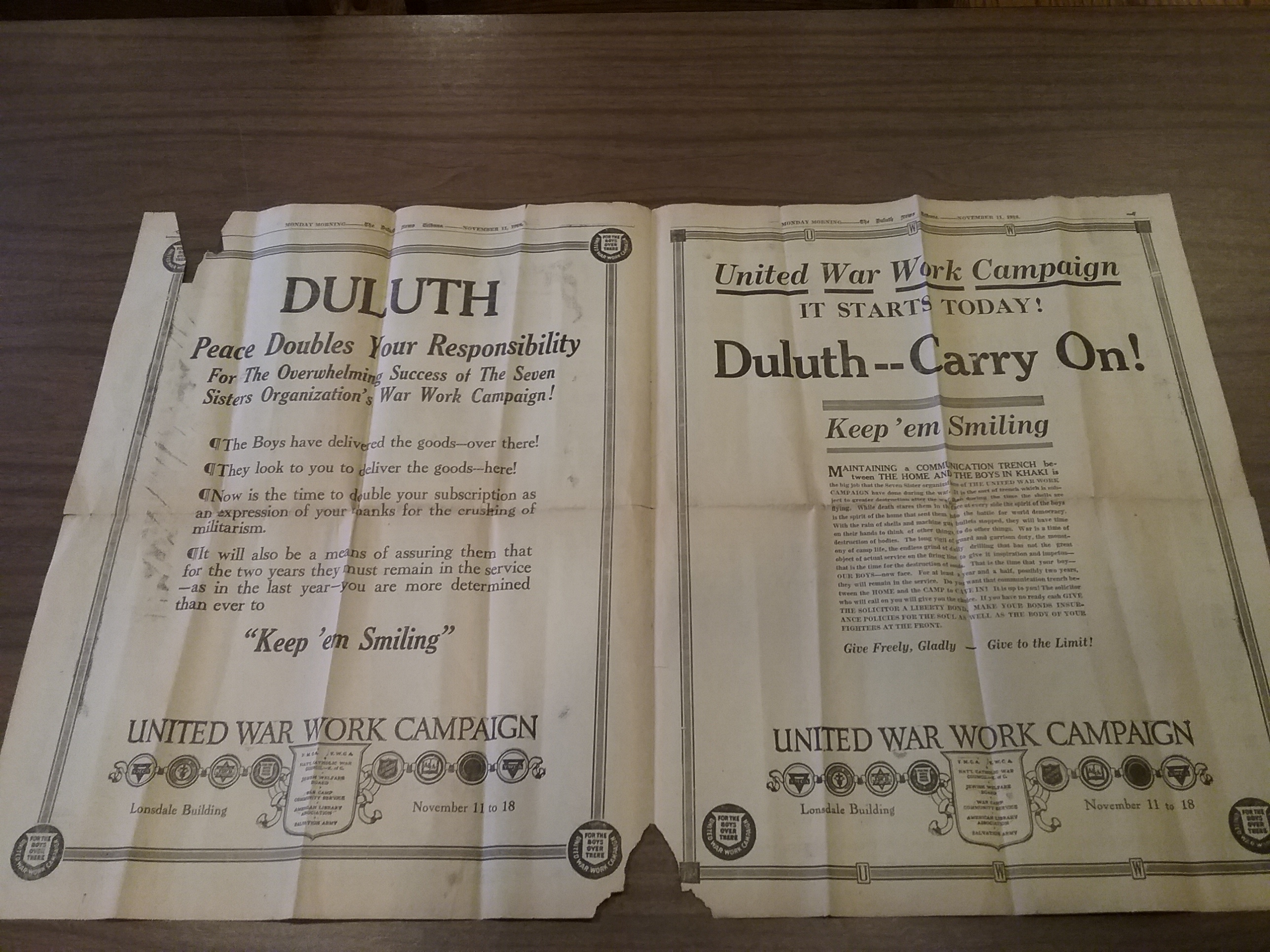 Armistice Day, November 11, 1918, announcement of the end of World War I from The Duluth News Tribune, pages 2 & 3.