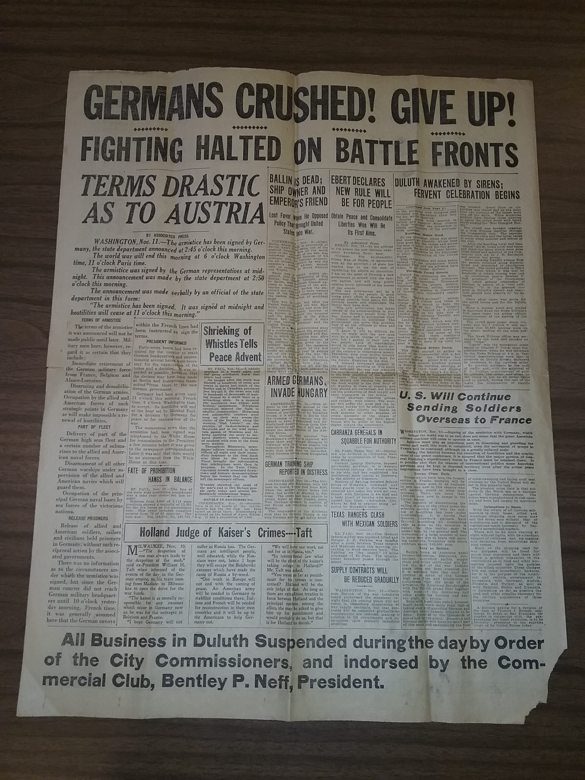 Armistice Day, November 11, 1918, announcement of the end of World War I from The Duluth News Tribune, page 4.