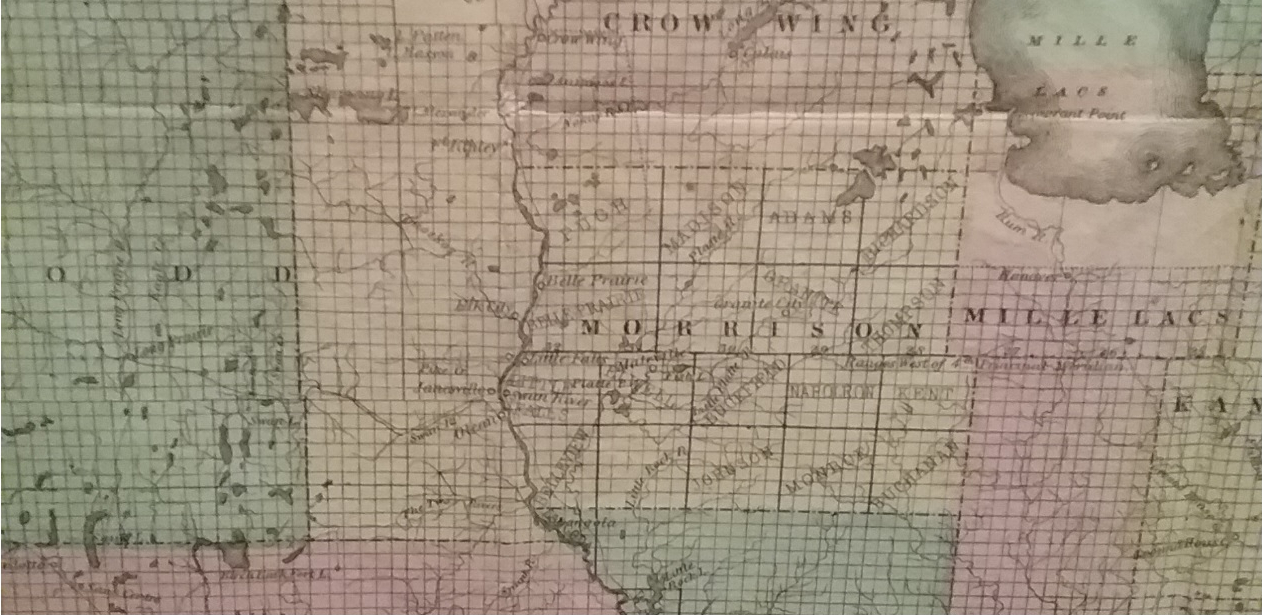 Detail of Morrison County from Sectional Map of Minnesota, 186-. Joseph S. Sewell, Sectional Map of the Surveyed Portion of Minnesota and North Western Part of Wisconsin, St. Paul, MN: D. D. Merrill, Randall & Company, 186-. Geography and Map Division, Library of Congress (028.00.00)
