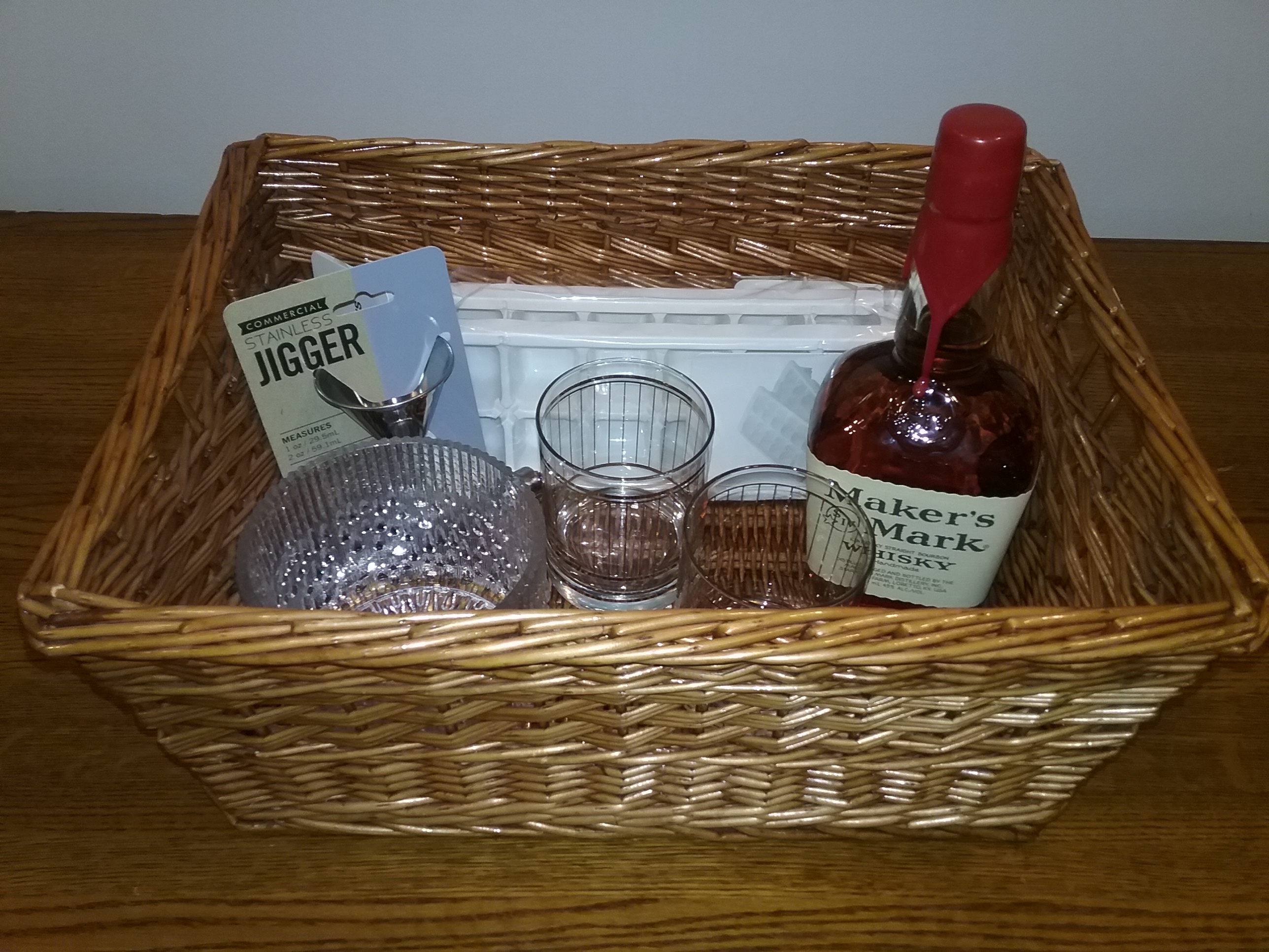 MCHS Silent Auction Item: Basket with 2 vintage Culver rocks glasses and Makers Mark whiskey.