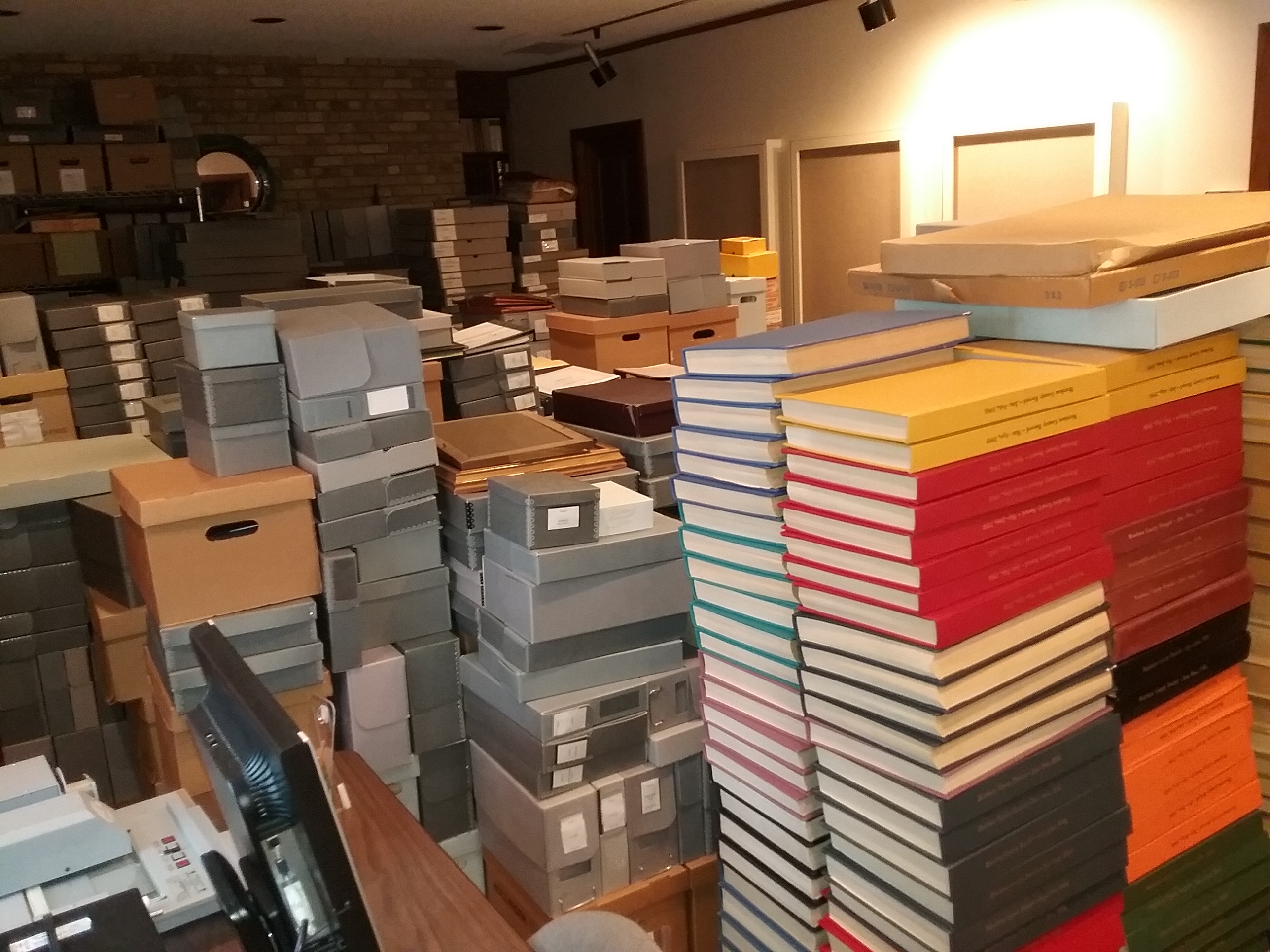 Rosenmeier Research Room at The Charles A. Weyerhaeuser Memorial Museum, Little Falls, MN, filled with archival materials due to mobile shelving project, November 13, 2019.