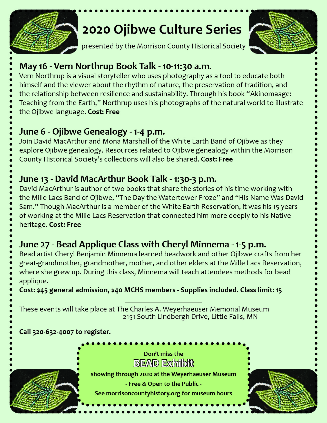 2020 Ojibwe Culture Series flier for The Charles A. Weyerhaeuser Memorial Museum, Little Falls, MN.
