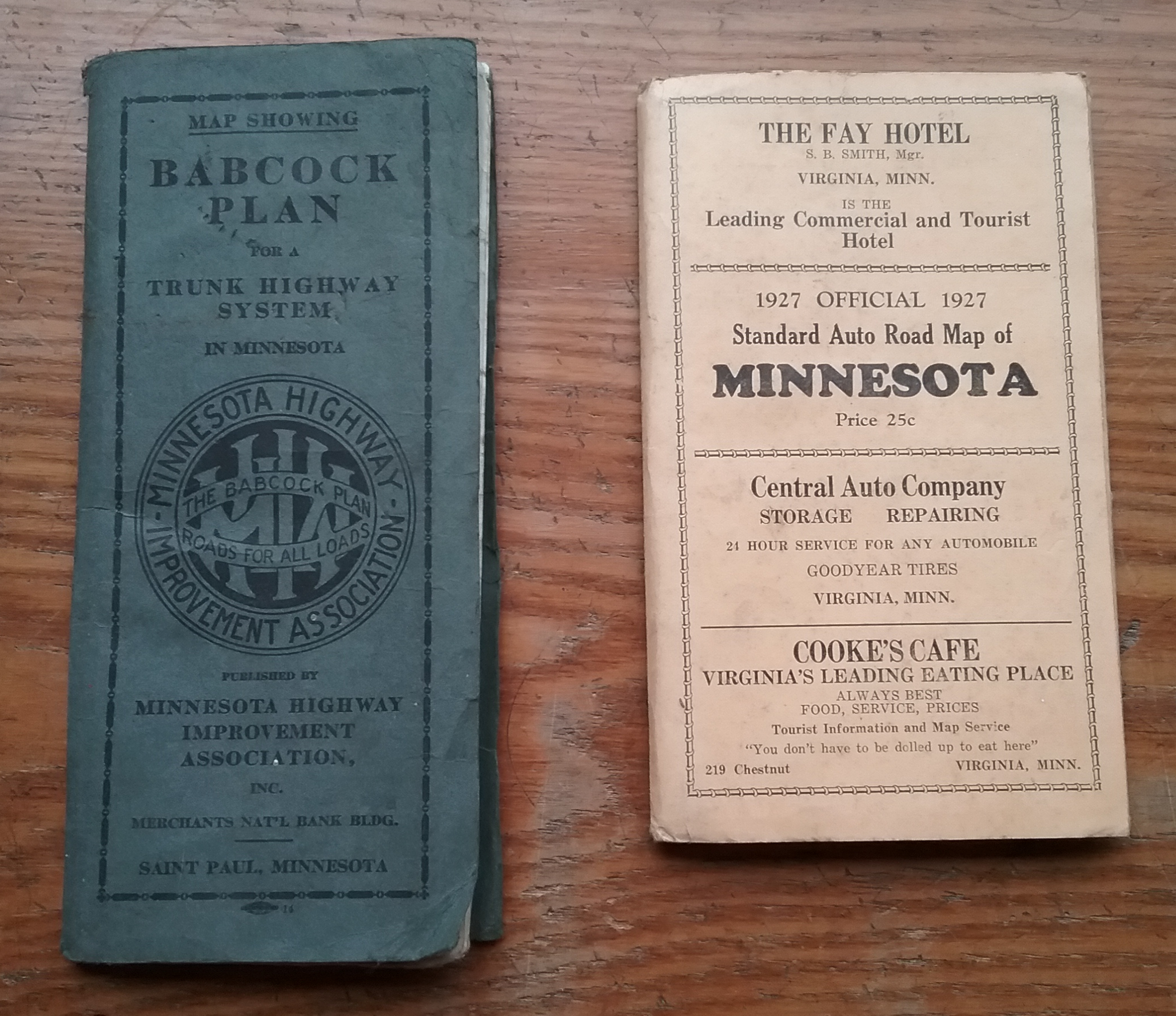 Left: Map showing Babcock Plan for a Trunk Highway System in Minnesota, Minnesota Highway Improvement Association, St. Paul, MN, 1920. Right: Hudson's 1927 Official Standard Road Map of Minnesota. Both maps from the Beulah Mueller/Knute Elvig collection at the Morrison County Historical Society.