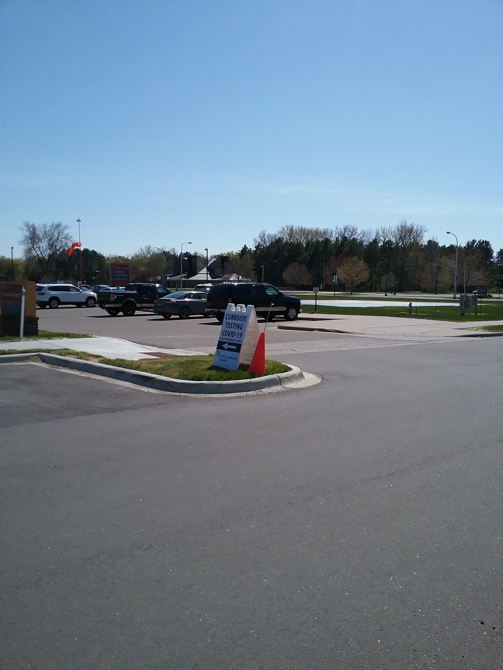 Sign - "Curbside Testing COVID-19 - By Appointment Only," St. Gabriel's Hospital, Little Falls, MN, May 12, 2020.