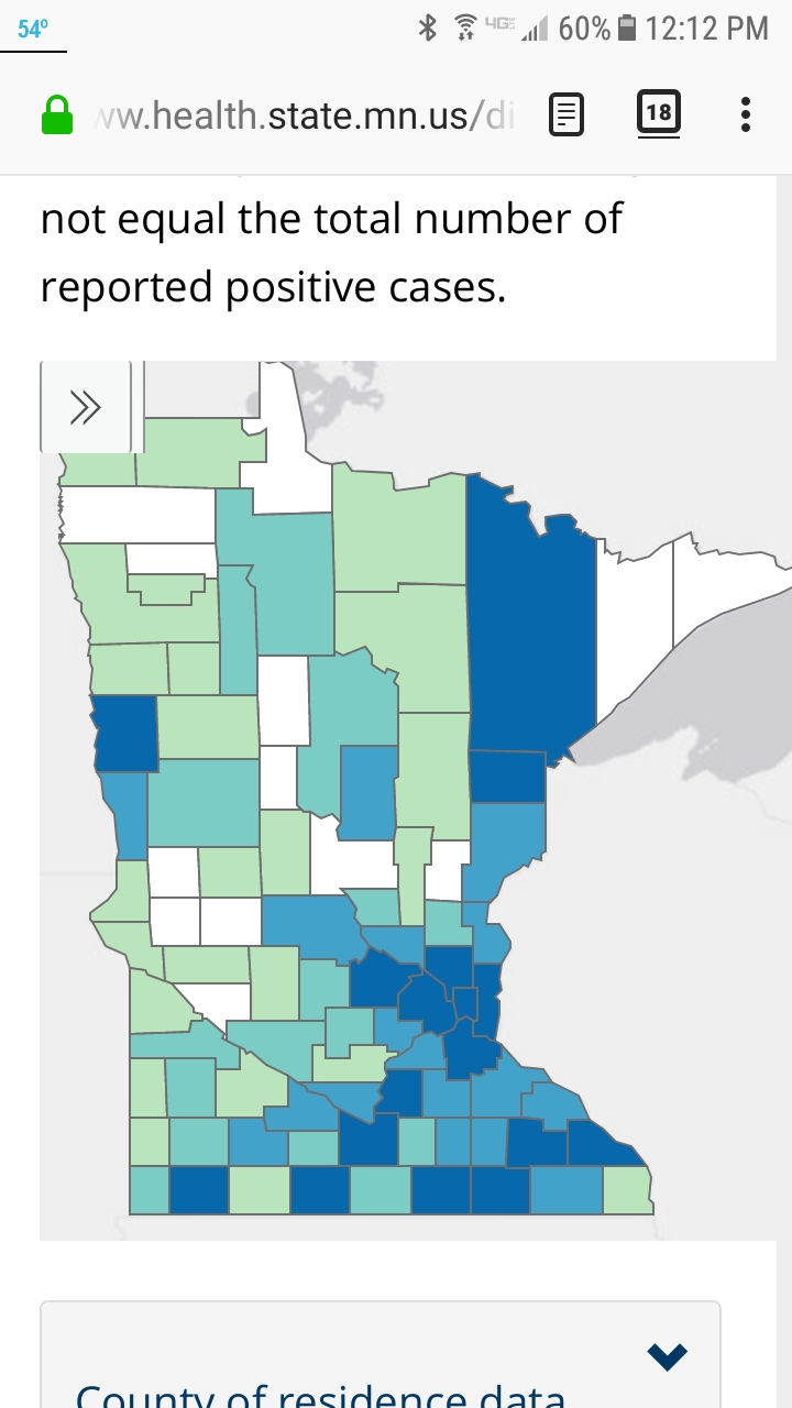 Screenshot, COVID-19 cases by county in the State of Minnesota, Minnesota Department of Health, April 18, 2020. Note that Morrison County in the center of the state appears in white, meaning no cases have been recorded. The Minnesota Department of Health updated its website daily at 11 a.m., with data current as of 4 p.m. the previous day.