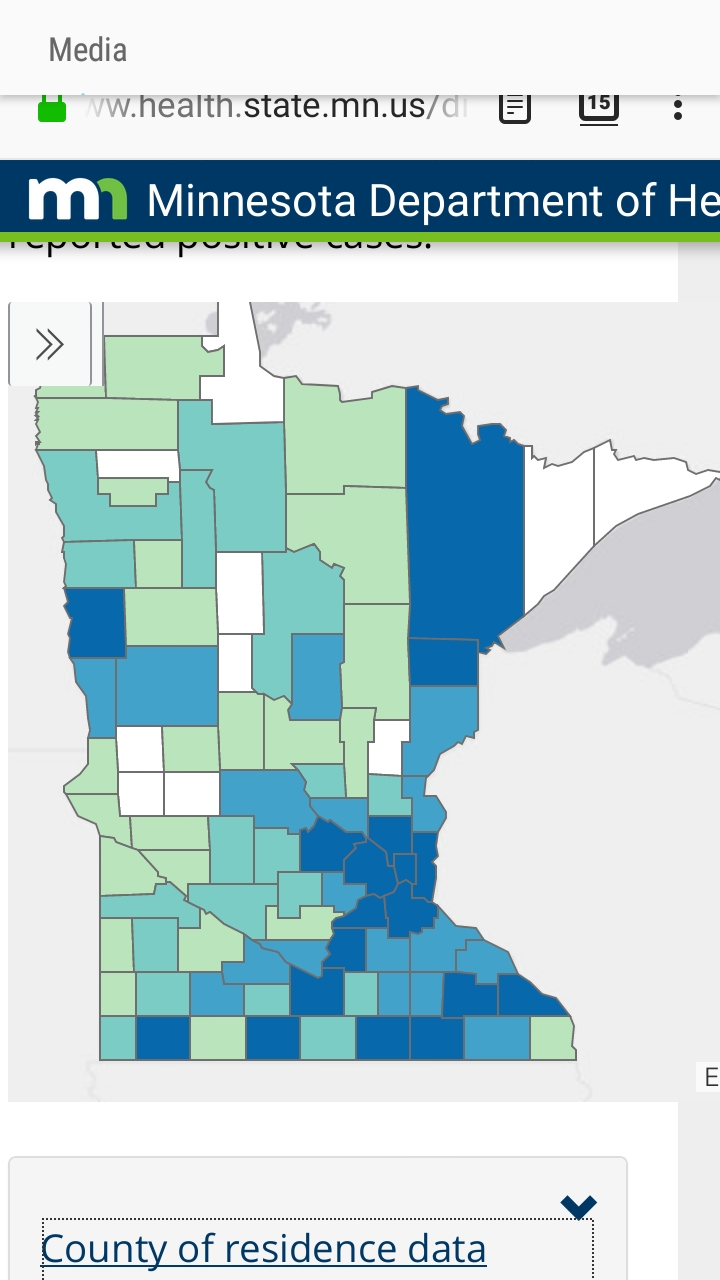 Screenshot, COVID-19 cases by county in the State of Minnesota, Minnesota Department of Health, April 20, 2020. Morrison County in the center of the state finally shows a case of COVID-19, which is indicated by its being a light green in color. The Minnesota Department of Health updated its website daily at 11 a.m., with data current as of 4 p.m. the previous day.