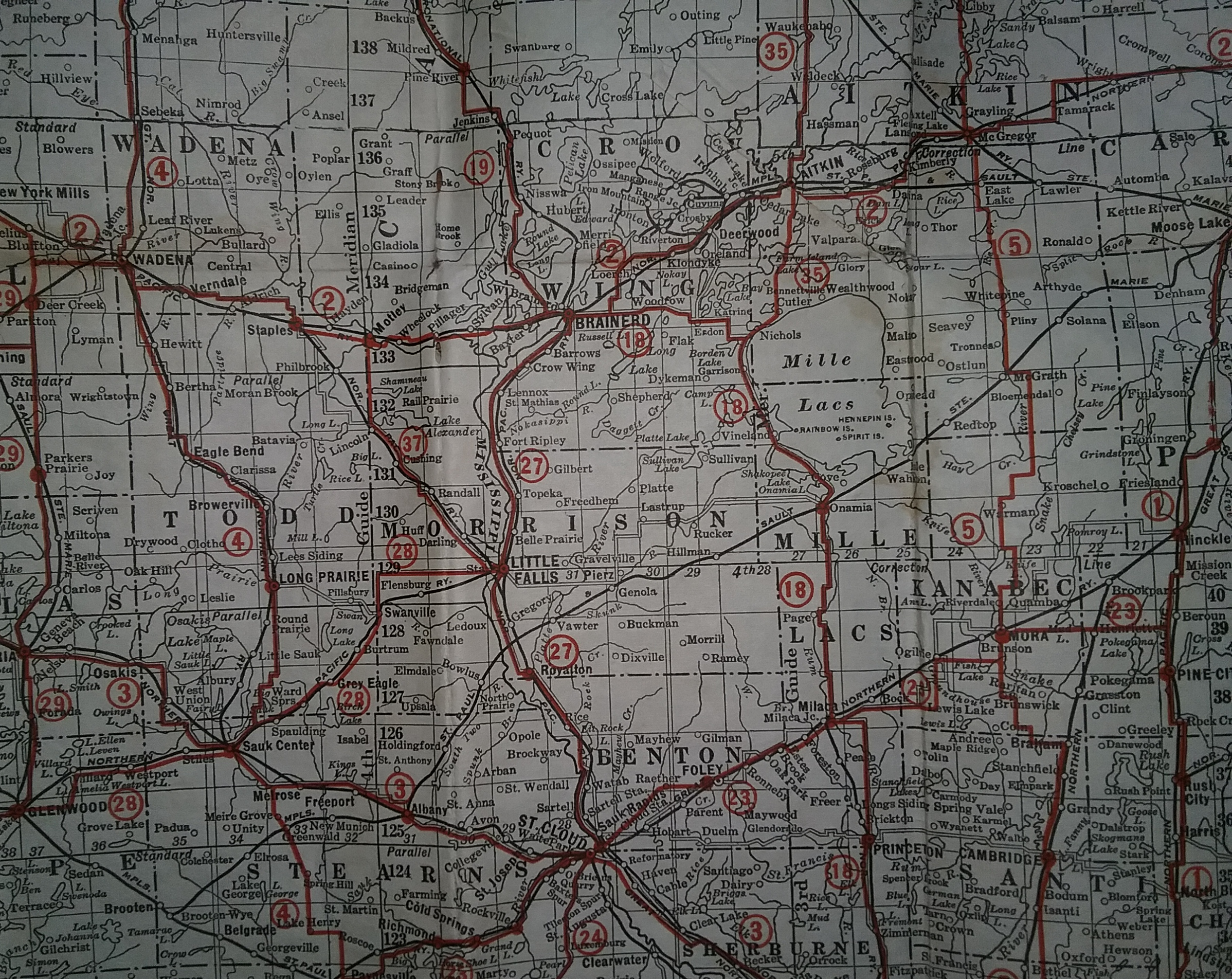 Morrison County section of "Babcock Plan for a Trunk Highway System in Minnesota," map published by the Minnesota Highway Improvement Association, St. Paul, MN, c. 1920. Mueller/Elvig collection at the Morrison County Historical Society.