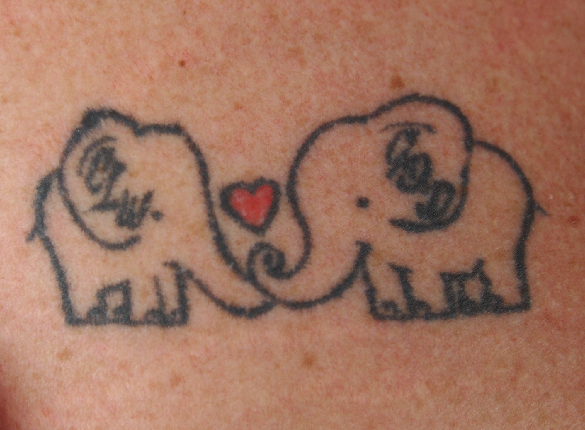 Tattoo on Crystal D. from The Story Behind the Tat: Tattoo Art in Central MN exhibit. Two elephants with a heart - a sister tattoo Crystal shares with her sister Grace. Tattoo by Jason Brigmon of Skyline Tattoo, Little Falls, MN 2015.