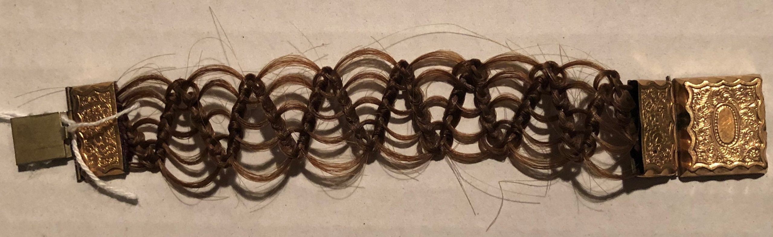 Hairwork bracelet from the Morrison County Historical Society’s collection. Unknown donor but possibly Mary Harker, the daughter of Nathan Richardson. #0.0.161.