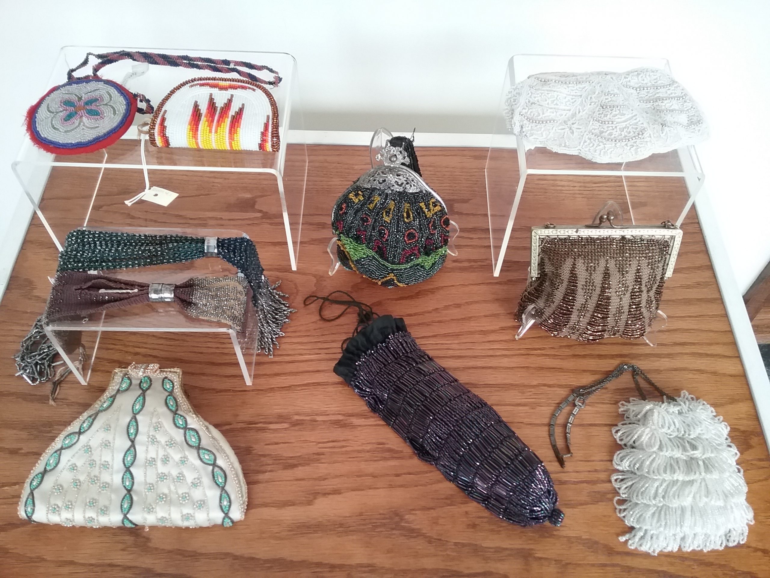 Case of beaded purses for BEAD Exhibit at The Charles A. Weyerhaeuser Memorial Museum, Little Falls, MN, 2020.