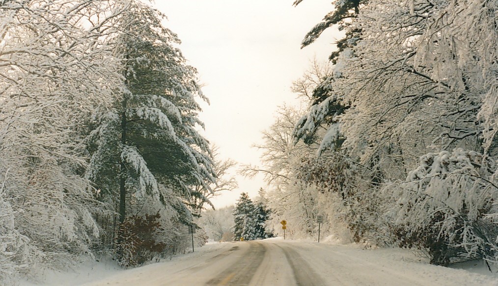 A snowy Lindbergh Drive South, Little Falls, MN, between the Charles A. Lindbergh House & Museum, Charles A. Lindbergh State Park, and The Charles A. Weyerhaeuser Memorial Museum.