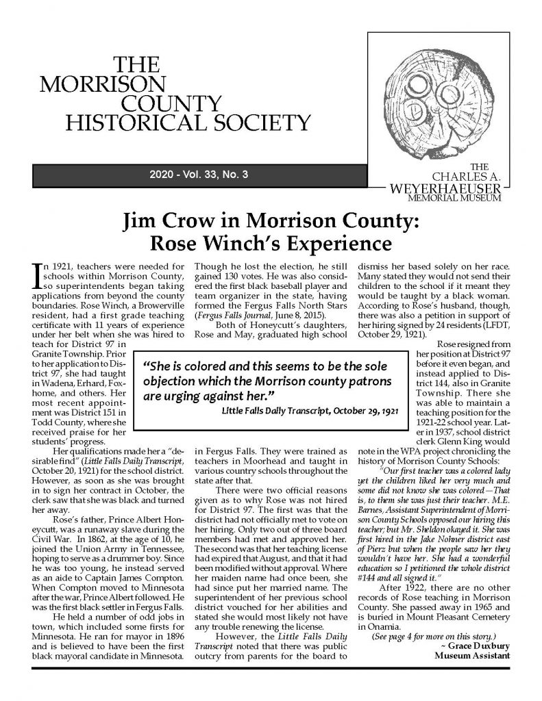 Front page of Morrison County Historical Society newsletter, Vol. 33, No. 3, 2020: Jim Crow in Morrison County: Rose Winch's Experience.