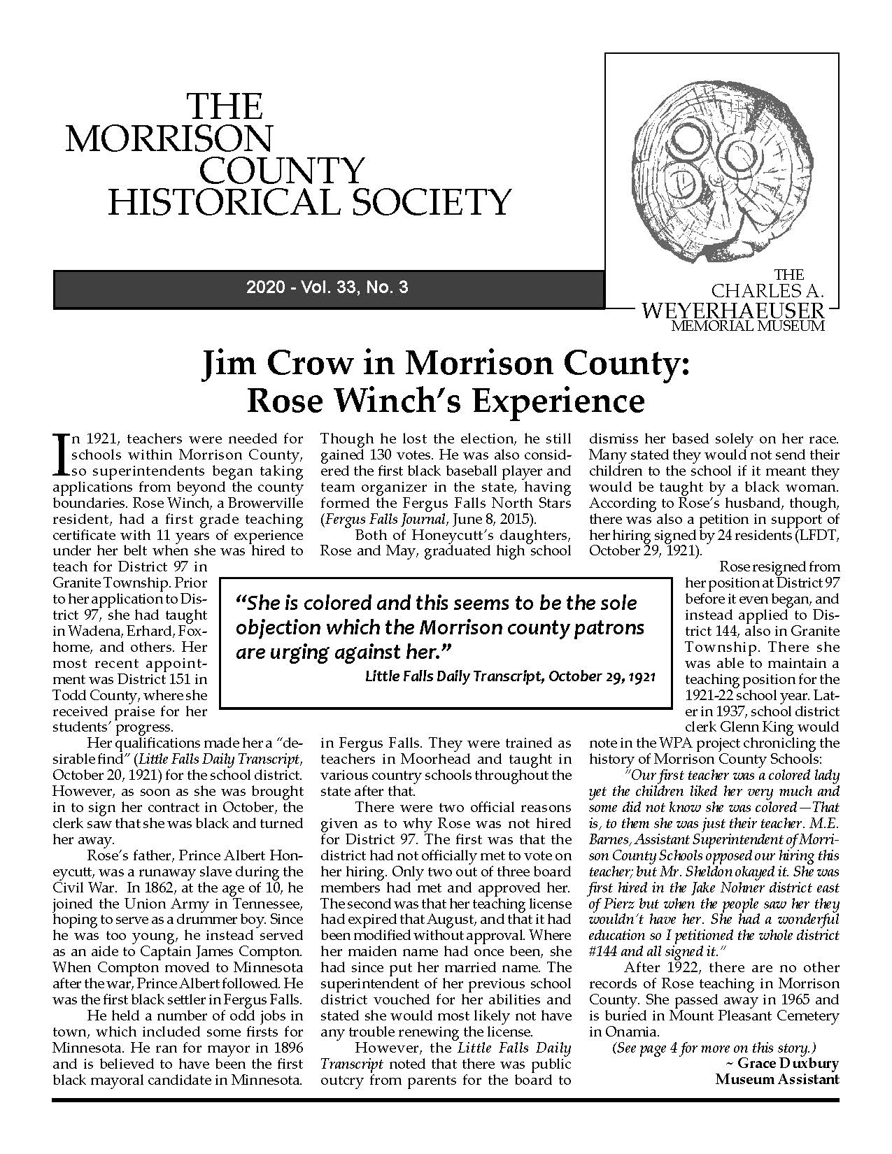 Front page of Morrison County Historical Society newsletter, Vol. 33, No. 3, 2020: Jim Crow in Morrison County: Rose Winch's Experience.