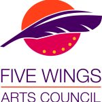 Five Wings Arts Council logo. A purple feather over a half-orange, half-bright pink circle with 5 yellow dots within the lower edge of the circle. The words "Five Wings Arts Council" are below the image.