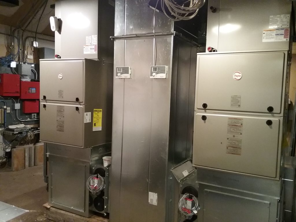 New high-efficiency gas furnaces being installed at The Charles A. Weyerhaeuser Memorial Museum in Little Falls, MN, October 2021.