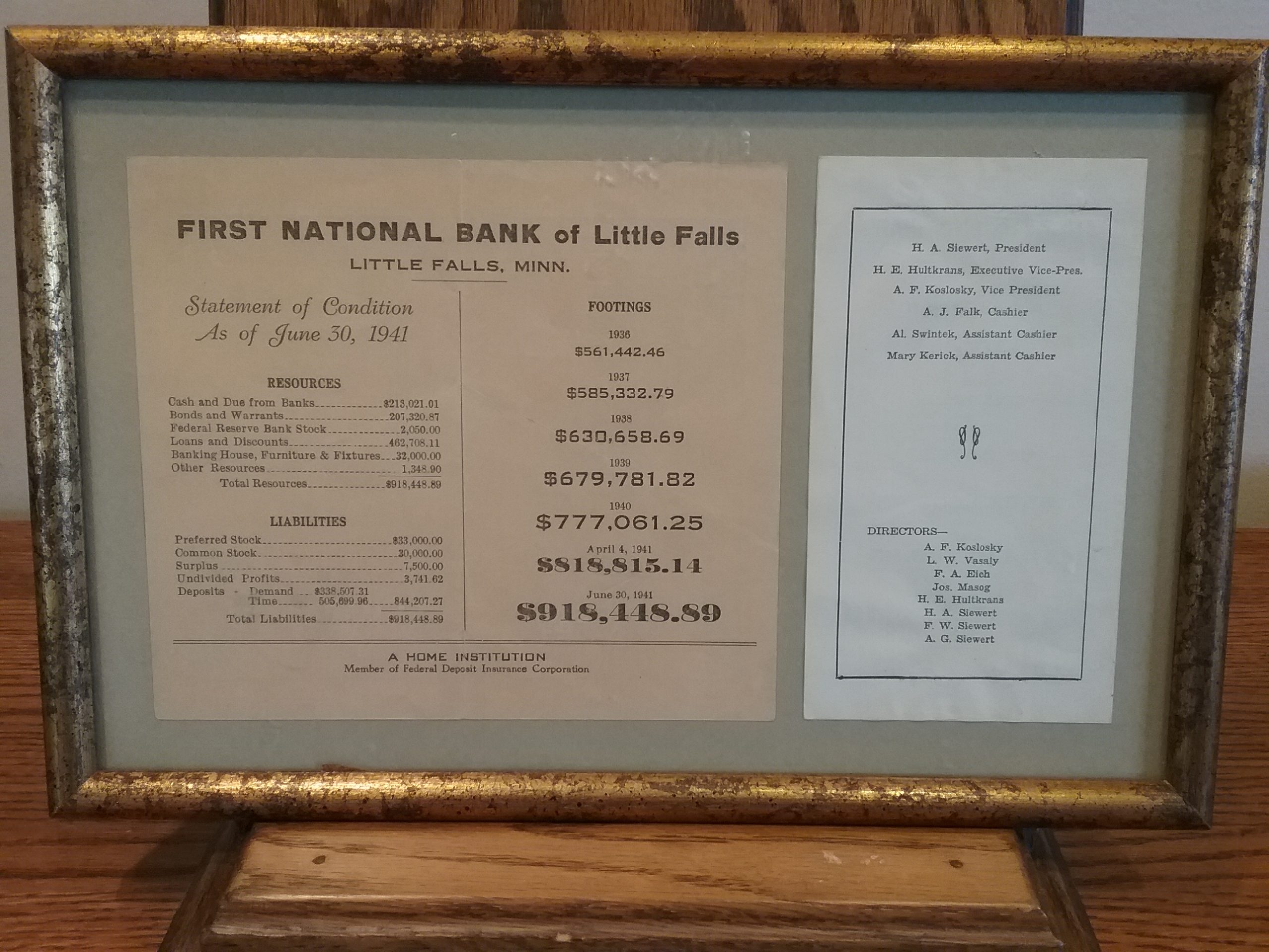 Framed documents showing First National Bank of Little Falls Statement of Condition as of June 30, 1941, and list of bank management and directors, donated by U.S. Bank.